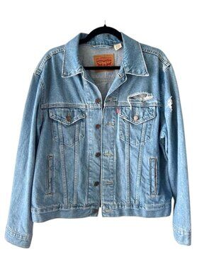 Levis Womens Original Trucker Denim Jacket Light Wash Distressed Blue Size L